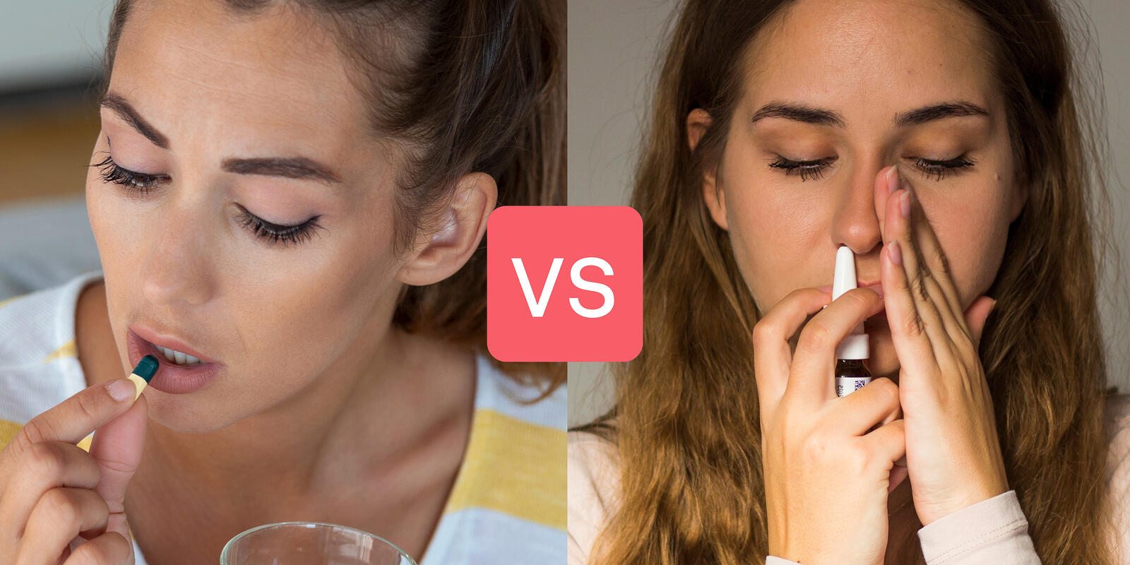 A lady holding an antihistamine tablet and another lady taking in a nasal spray